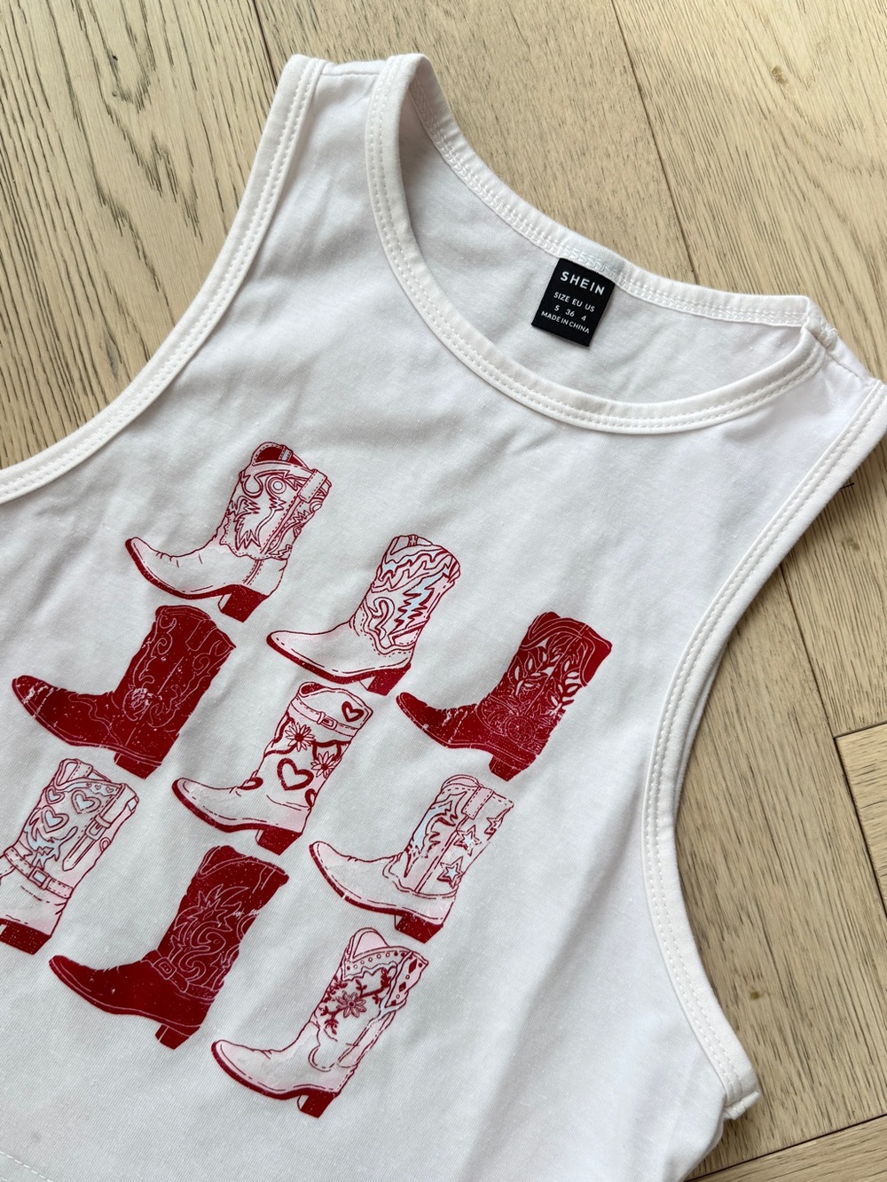 SHEIN White Tank with Red Cowboy Boot Stampede Rodeo Crop Top